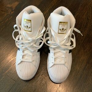 Men’s adidas White High-Top Sneakers with Gold Logo